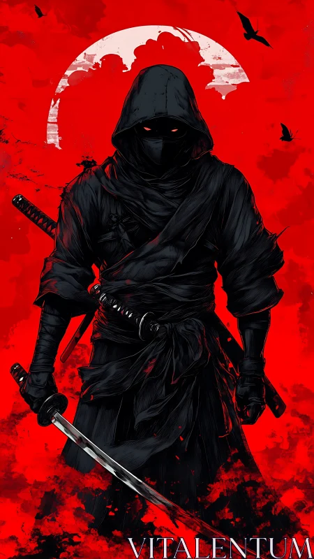 Shadow ninja stands before blood-red fractured moon