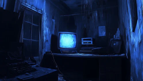 Abandoned blue office with static computer monitor glow