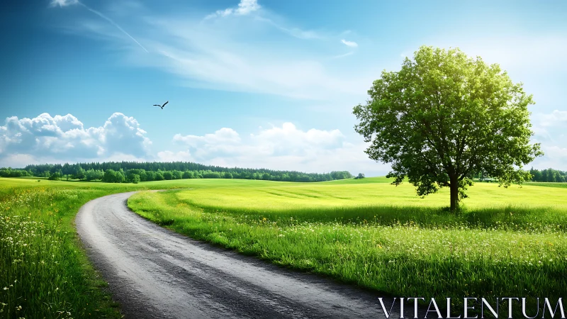 Curved rural road passes fields under clear sky