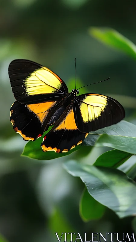 Black and yellow butterfly rests on green foliage