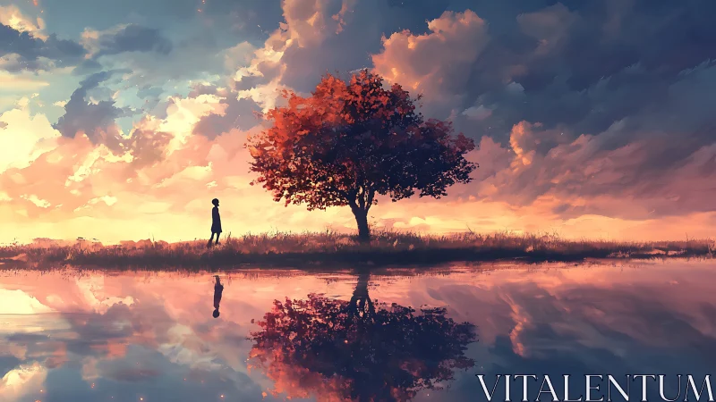 Solitary figure walks by autumn tree under mirrored sunset sky
