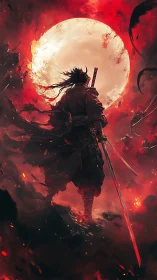 Lone samurai warrior under blood red moon in battle storm.