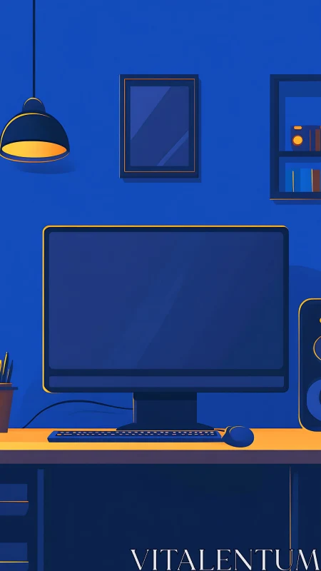 Minimalist workstation illustration with bold duotone lighting.