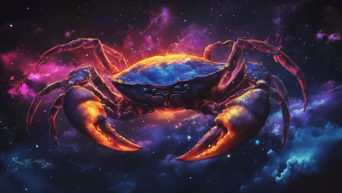 Cosmic crab glows against nebula clouds in deep space