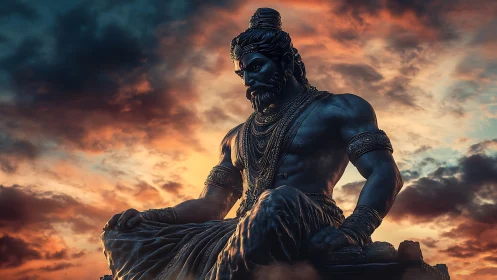 Serene warrior statue resting beneath a glowing sunset sky.