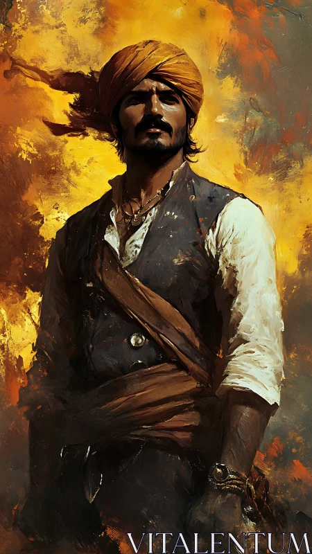 Warrior portrait in blazing saffron turban and vest.