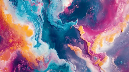 Vibrant fluid abstract with swirling teal, magenta, gold fields.