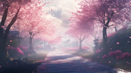 Cherry blossom path glows under soft diffuse morning light