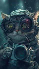 Cat with Binoculars and Camera in Rain.