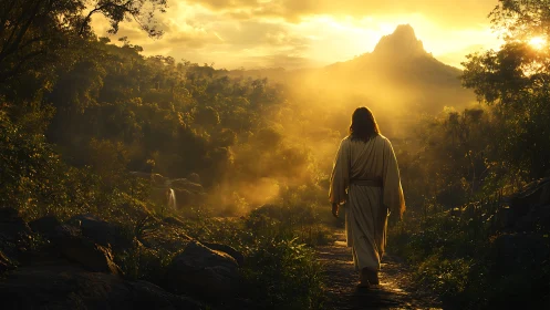 Robe-clad figure walks toward a golden, misty mountain sunrise