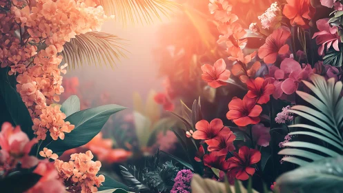 Tropical Floral Garden. Golden Sunlit Blooms Cascade.