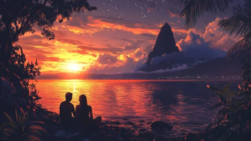 Silhouetted couple admire a fiery tropical sunset in stillness