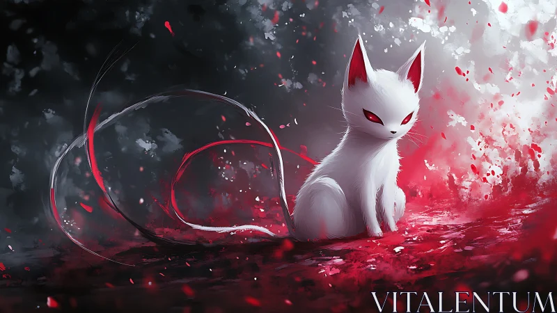 Mystic white fox spirit waits in a crimson storm of petals