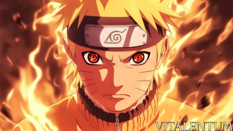 Fiery ninja warrior portrait amid swirling orange flames.