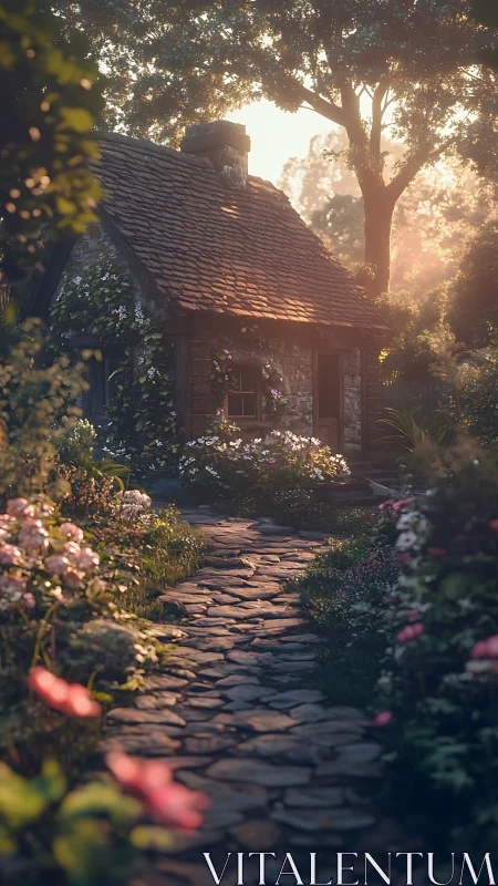 Sunlit stone cottage nestles in lush flower garden path