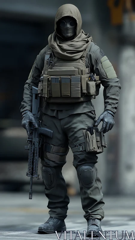 Futuristic tactical operator in hooded stealth combat gear.