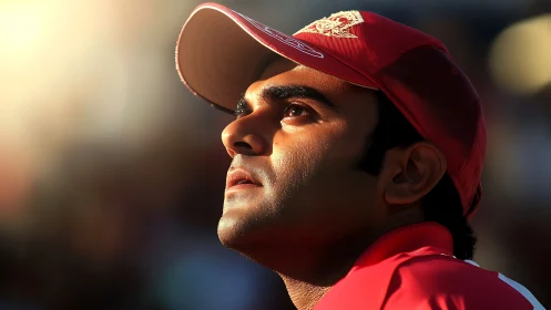Cricket player studies sky under warm stadium sunlight.
