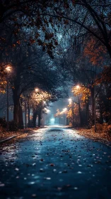 Soft lamplight gently guides a quiet autumn night walk