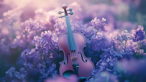 Lavender daydream violin resting in a sea of soft blossoms.