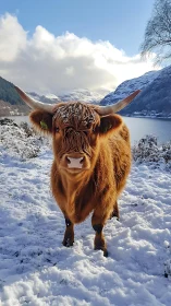 Highland cow standing in snowy mountain lakeside landscape.
