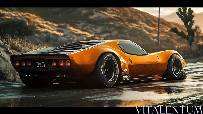 Low-slung retro hypercar on wet desert highway at sunset