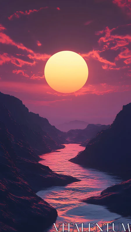 Digital river canyon at sunset with oversized glowing sun