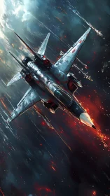 Soaring fighter jet cuts through stormy sky in fiery pursuit