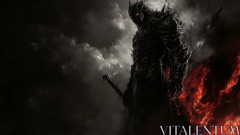 Dark armored demon warrior stands amid smoke and fire.