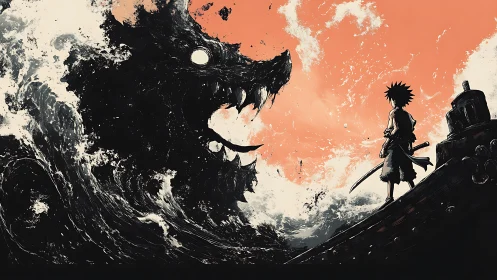 Samurai confronts colossal sea monster beneath burning sky.
