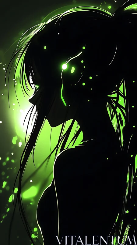 Silhouetted female profile is outlined by neon green light