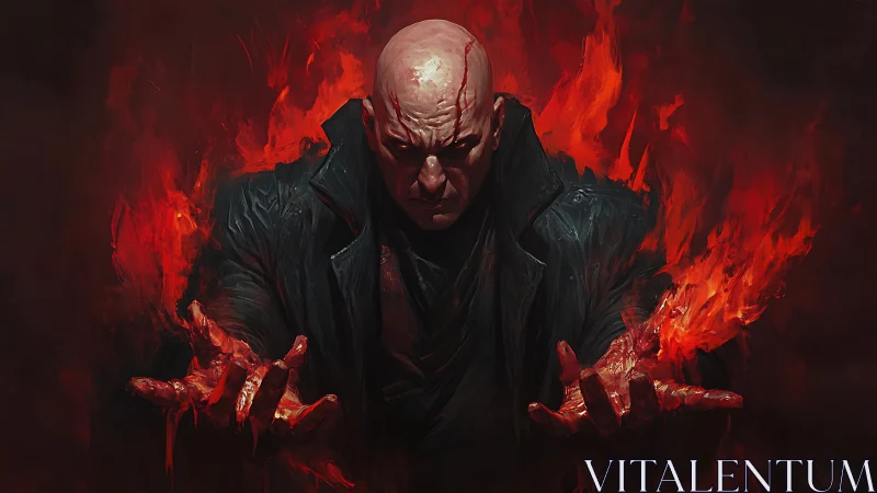 Brooding fire mage gathering power in a sea of flame.