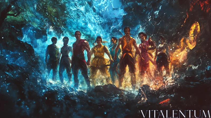 Fantasy heroes stand amid swirling elemental energy.