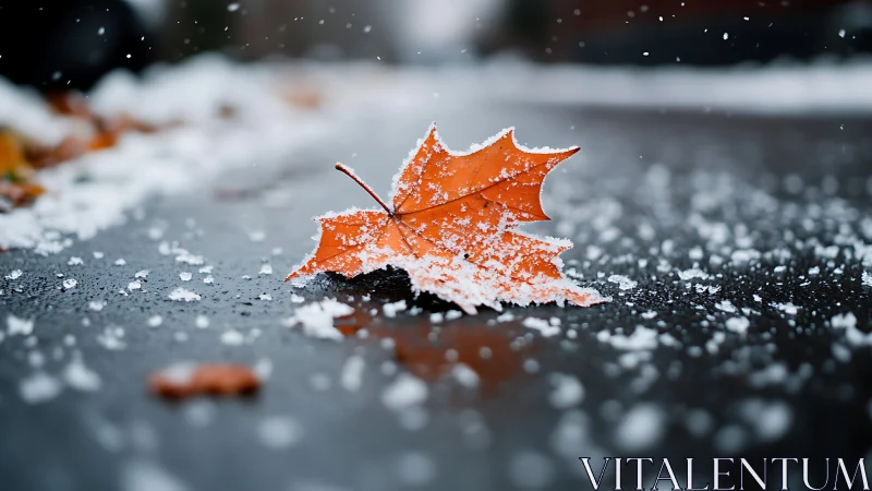 Single maple leaf on wet asphalt under first granular snowfall