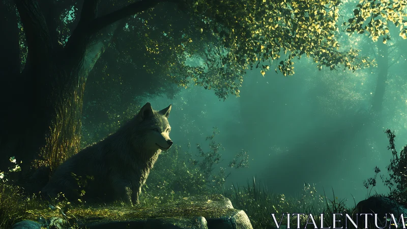 Moonlit sentinel wolf in emerald misted forest hush.