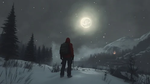 Lone winter trekker under luminous full moon glow.
