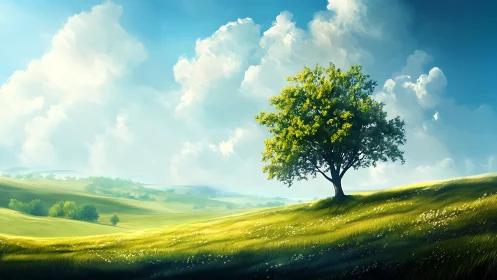 Solitary green tree glows on a sunlit rolling meadow