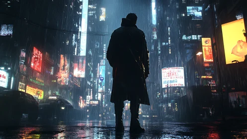 Silhouetted figure stands in rainy neon city street at night