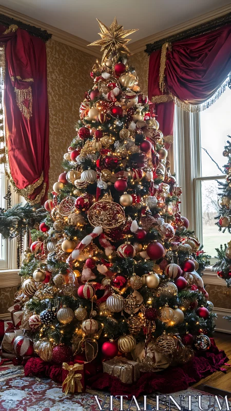 Luxurious red and gold Christmas tree fills ornate parlor