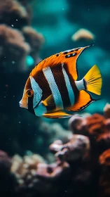 Striped reef fish in profile over softly blurred coral seascape