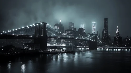 Night bridge and city skyline over calm reflective river.