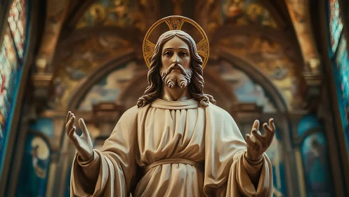 Statue of robed religious figure stands in ornate church interior