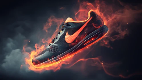 Black running shoe in orange flames on dark background.