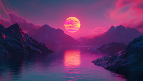 Neon twilight mountains framing radiant pink alien sunset.