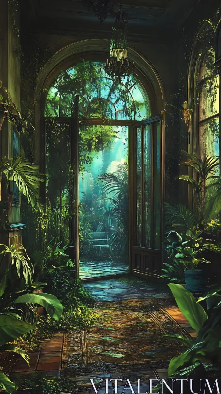 Sunlit conservatory doorway opens into overgrown jungle garden