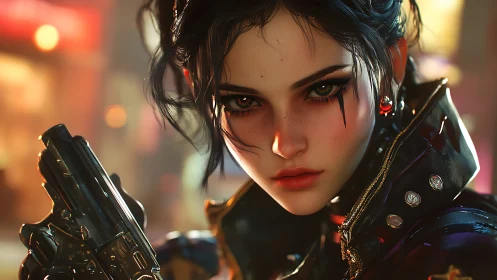 Confident cyberpunk heroine gazing forward with quiet fire.