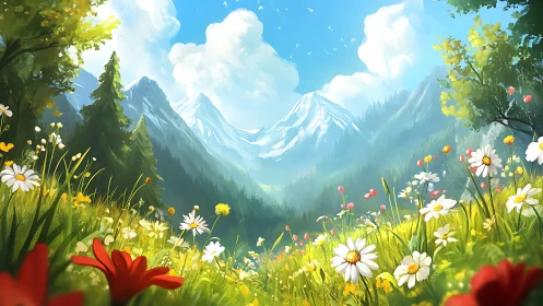 Wildflower meadow stretches toward distant snowy peaks