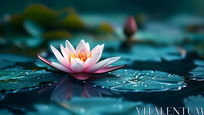 Pink water lily rests serenely on glistening blue pond.