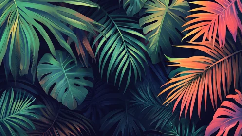 Lush tropical leaves glow in soothing teal and sunset tones