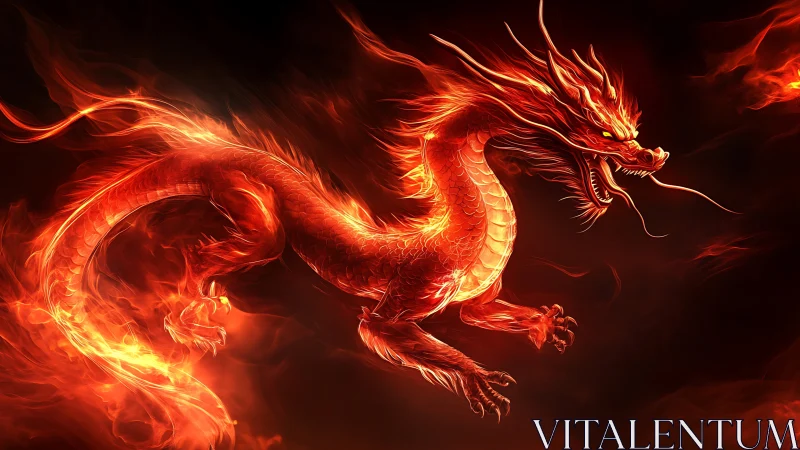 Flaming crimson dragon coils through darkness with fierce power