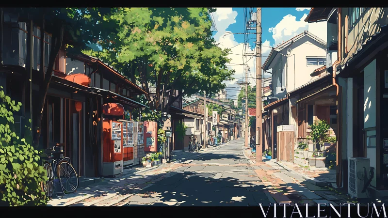 Sunlit Japanese side street with vending machines and bikes.